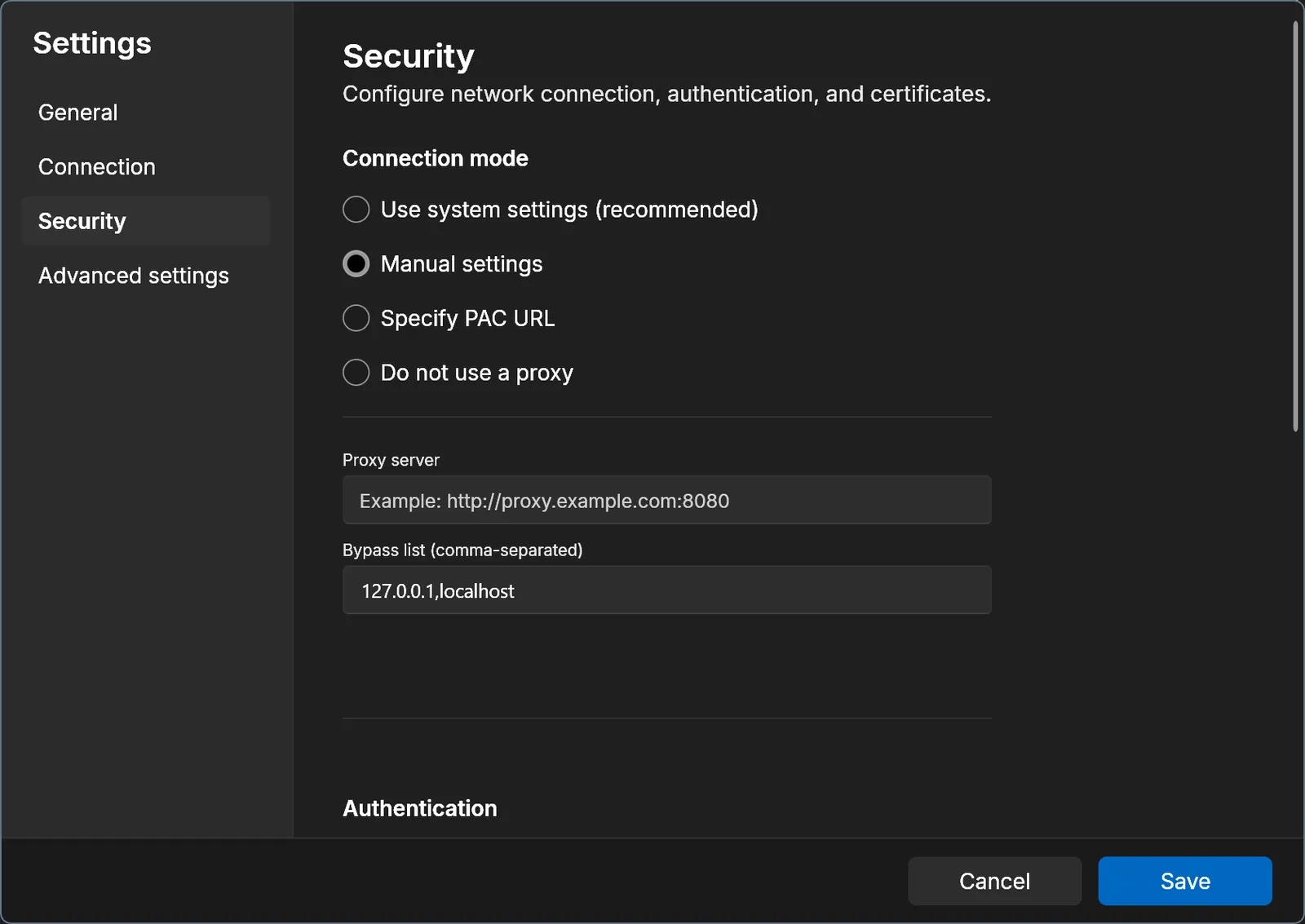 Security screen of the Settings window: Manual settings is selected under Connection mode, with the proxy server and bypass list below it