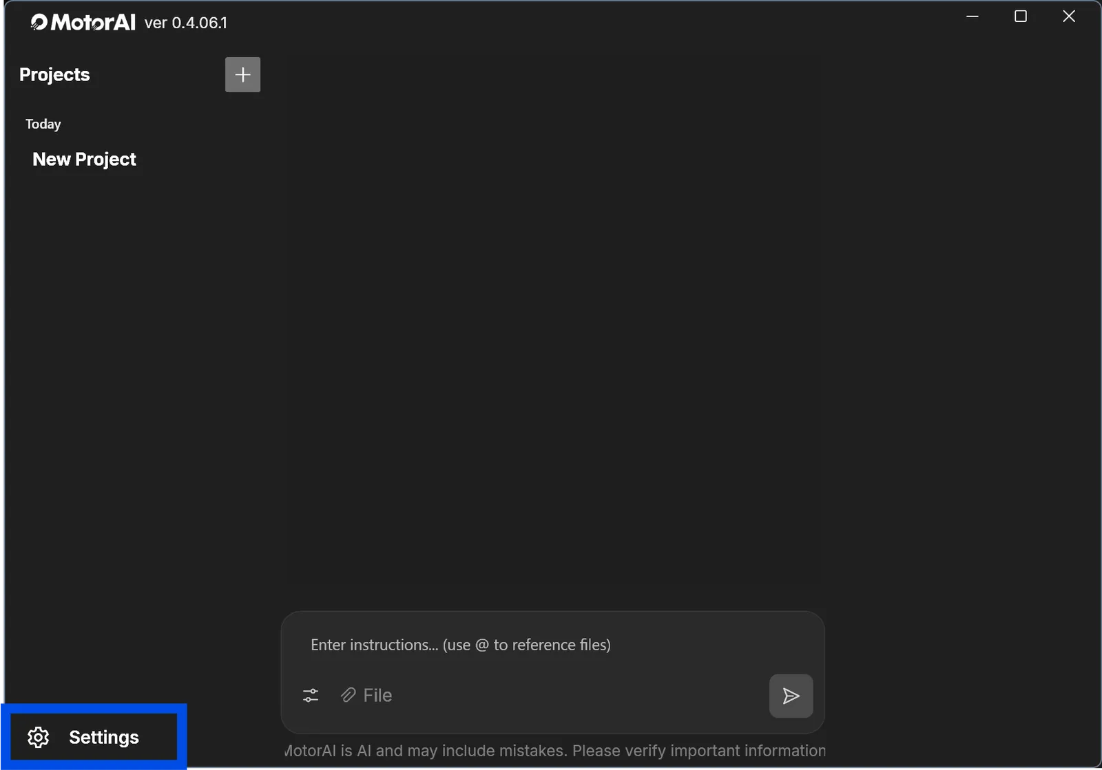 MotorAI main window, with the Settings button at the bottom left
