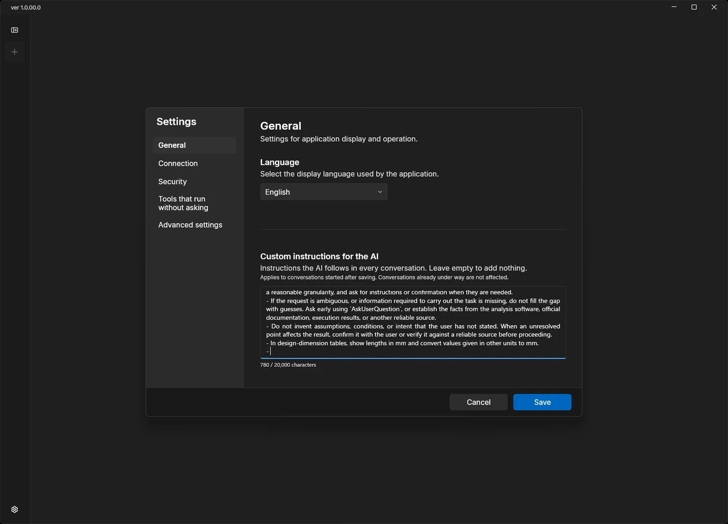 The Settings dialog with the additional instructions, the mm rule appended after the example