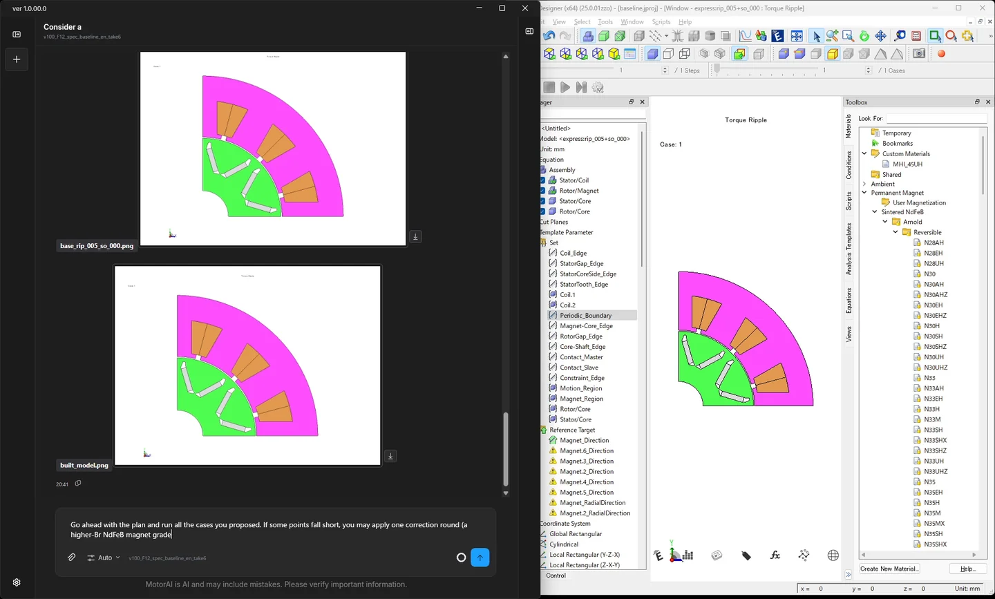 The baseline model built from the template, shown as cross-sections in the reply and in JMAG-Designer