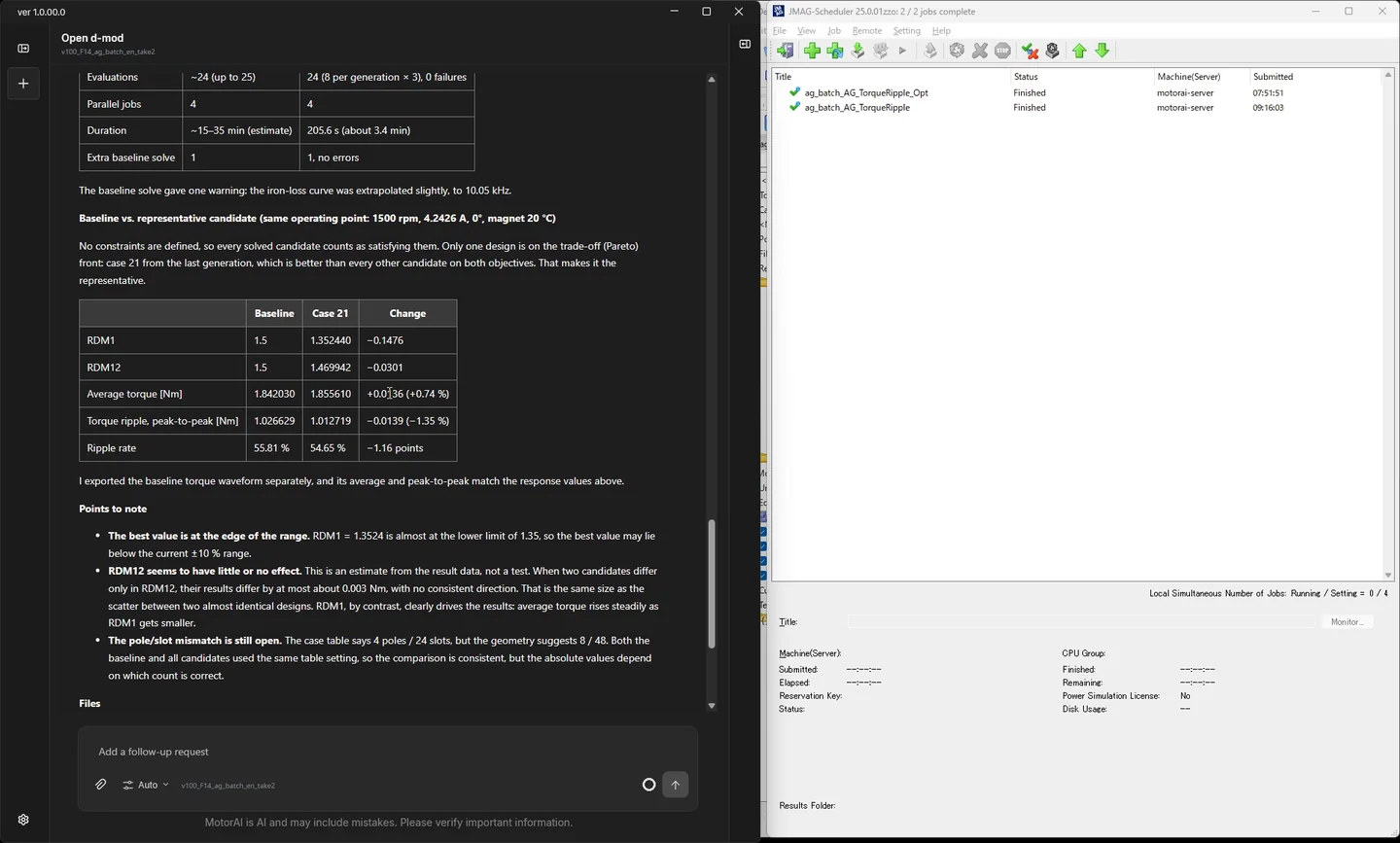 The result of 24 evaluations and the comparison of the baseline with a representative candidate, with the JMAG scheduler on the right